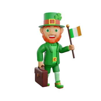 3D illustration of a cheerful leprechaun holding an Ireland flag in one hand and a briefcases in the other, perfect for St. Patrick's Day themed projects