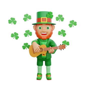 3D illustration of a cheerful leprechaun playing a melody on his guitar, surrounded by floating clovers, perfect for St. Patrick's Day themed projects
