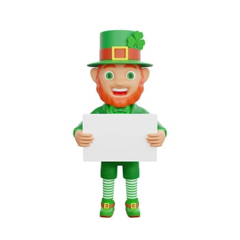 3D illustration of a joyful leprechaun, holding a blank board sign, perfect for St. Patrick's Day themed projects