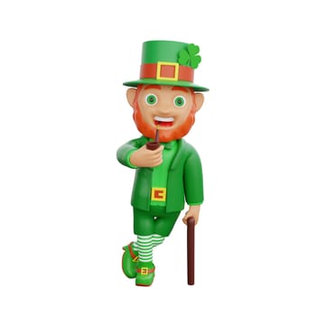 3D illustration of a joyful leprechaun in green attire, holding a cane and a cigar, symbolizing luck and celebration, perfect for St. Patrick's Day themed projects