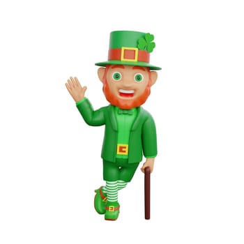 3D illustration of a leprechaun in green attire, waving hello while holding a cane, perfect for St. Patrick's Day themed projects