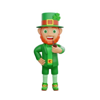 3D illustration of a joyful leprechaun holding a pipe, perfect for St. Patrick's Day themed projects