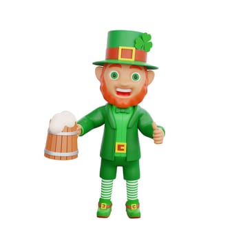 3D illustration of a joyful leprechaun holding wooden mugs of beer, perfect for St. Patrick's Day themed projects