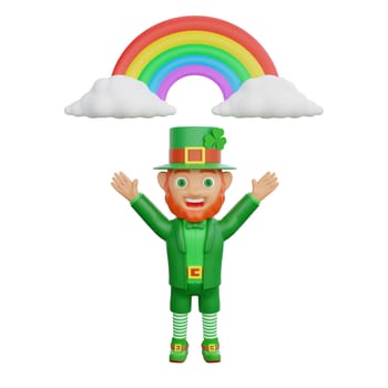 3D illustration of a cheerful leprechaun celebrating under a colorful rainbow, perfect for St. Patrick's Day themed projects