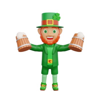 3D illustration of a joyful leprechaun holding two wooden mugs of beer, perfect for St. Patrick's Day themed projects