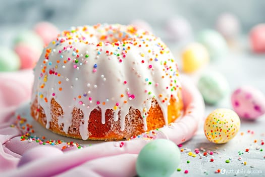 Easter cake covered with white glaze and sprinkled with multi-colored millet on a light surface next to painted Easter eggs. Easter concept. AI generated.