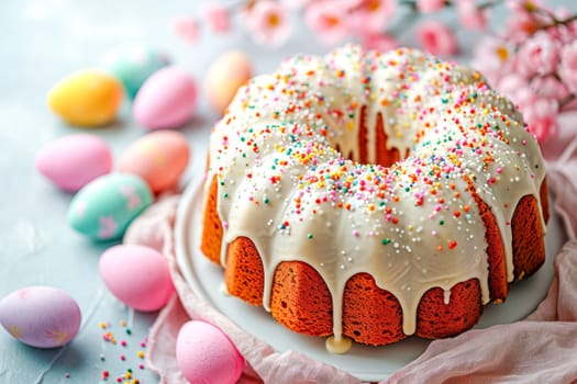Easter cake covered with white glaze and sprinkled with multi-colored millet on a light surface next to painted Easter eggs. Easter concept. AI generated.