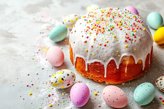 Easter cake covered with white glaze and sprinkled with multi-colored millet on a light surface next to painted Easter eggs. Easter concept. AI generated.