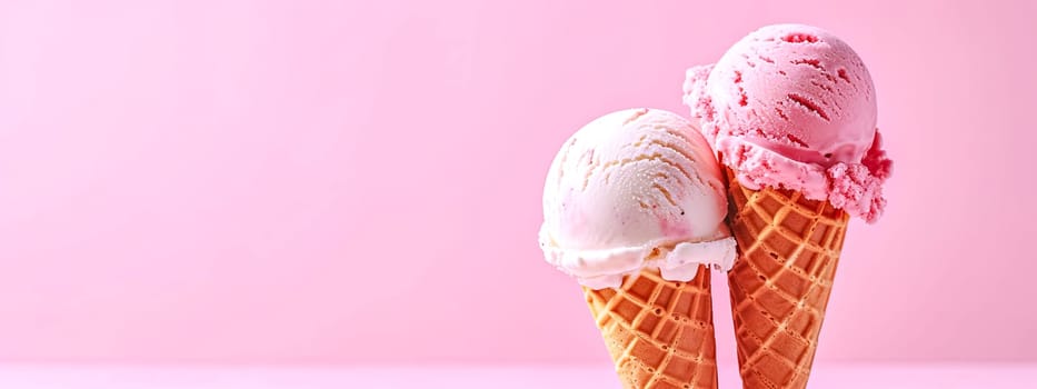 Ice cream in waffle cones on pink background