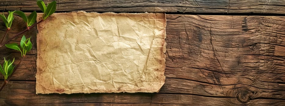 A historical artifact, a piece of old paper, rests on a rectangular wooden table, showcasing tints and shades of hardwood.