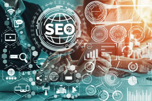 SEO - Search Engine Optimization for Online Marketing Concept. Modern interface showing symbol of keyword research website promotion by optimize customer searching and analyze market strategy. uds