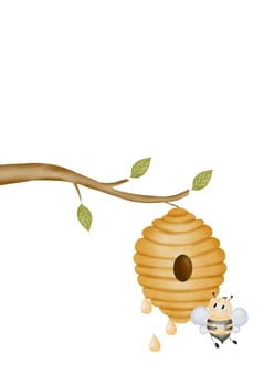 Bee cute watercolor drawing isolate on white background. A beehive and an adorable insect. For designing postcards and tags for honey store. World bee day. High quality illustration