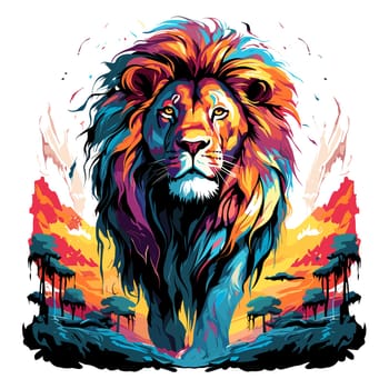 A vibrant portrait of the lion king of beasts in a psychedelic vector pop art style. Graphic design element and template for t-shirt print, sticker, poster, etc.