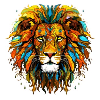 A vibrant portrait of the lion king of beasts in a psychedelic vector pop art style. Graphic design element and template for t-shirt print, sticker, poster, etc.