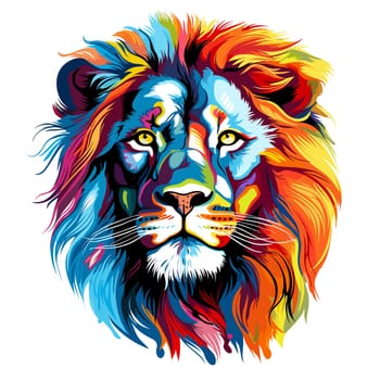 A vibrant portrait of the lion king of beasts in a psychedelic vector pop art style. Graphic design element and template for t-shirt print, sticker, poster, etc.