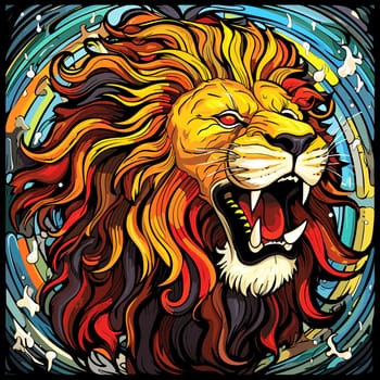 A vibrant portrait of the lion king of beasts in a psychedelic vector pop art style. Graphic design element and template for t-shirt print, sticker, poster, etc.