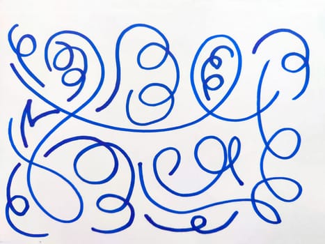 Abstract Blue Pen Doodles on White Paper. Series of whimsical blue ink doodles with loops and swirls freely drawn on plain white background