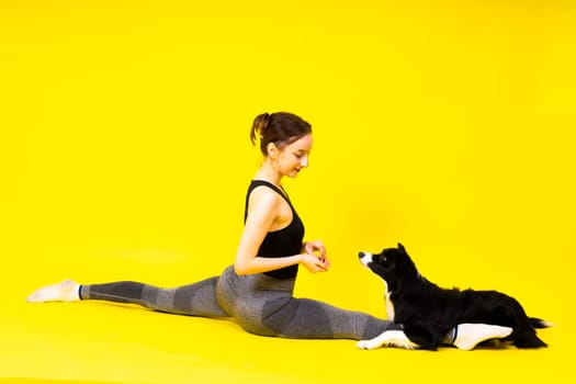 Beautiful sport female with border collie in a studio