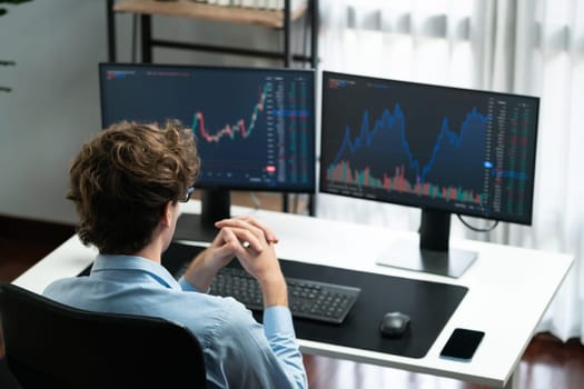 Working young business trader focusing on market stock dynamic graph data in real time two pc screens with back side at modern office. Concept of analyzing dynamic financial exchange rate. Gusher.