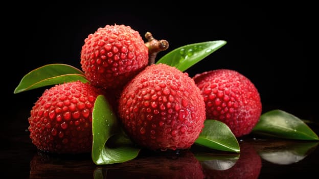 Fresh red litchi lichee, lychee. Litchi chinensis background. AI