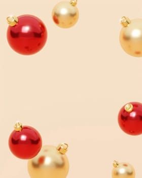 Merry Christmas and Happy New Year. Xmas Background design, red balls and gold ball on background. Christmas poster, holiday banner layout. 3d render.