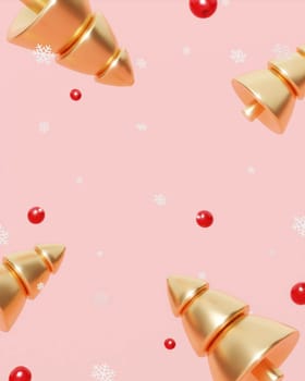 Merry Christmas and Happy New Year. Xmas Background design, gold Christmas tree, red balls and glitter gold confetti. Christmas poster, holiday banner layout. 3d render.