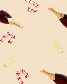 Merry Christmas and Happy New Year. Xmas Background , candy cane, glass and champagne bottle float on background . Christmas poster, holiday banner layout. 3d render.