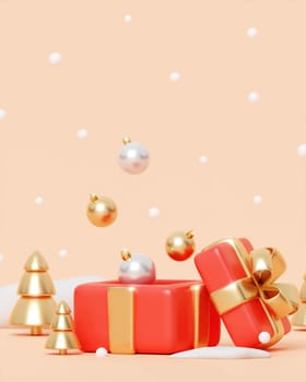 Merry Christmas and Happy New Year. Xmas Background design, gift box, gold Christmas tree, white balls and glitter gold confetti. Christmas poster, holiday banner layout. 3d render.