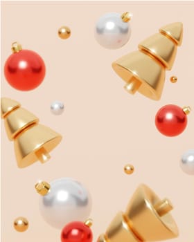 Merry Christmas and Happy New Year. Xmas Background design, gold Christmas tree, white balls and glitter gold confetti. Christmas poster, holiday banner layout. 3d render.