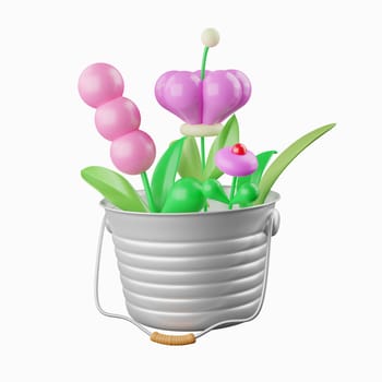 3D colorful flower in plant pot. Floral arrangement garland. icon isolated on white background. 3d rendering illustration. Clipping path.
