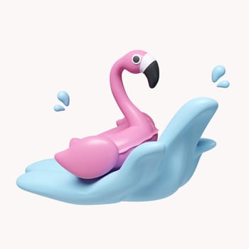 3D Pink Flamingo float and ball summer vacation and holidays concept. icon isolated on white background. 3d rendering illustration. Clipping path..