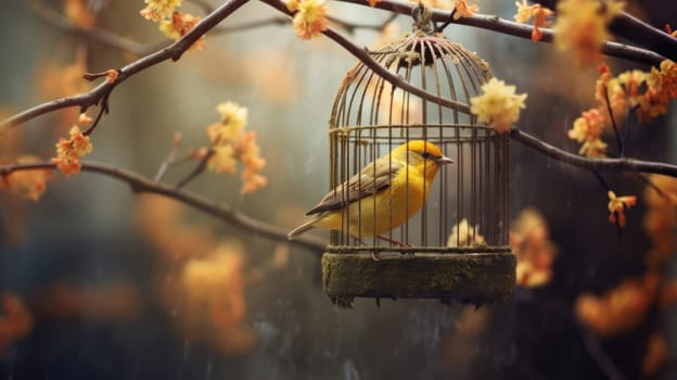Bird in cage on the apple blossom tree on blurred background. Celebration of the onset of Spring AI
