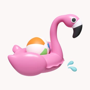 3d Pink Flamingo float and ball. summer vacation and holidays concept. icon isolated on white background. 3d rendering illustration. Clipping path..