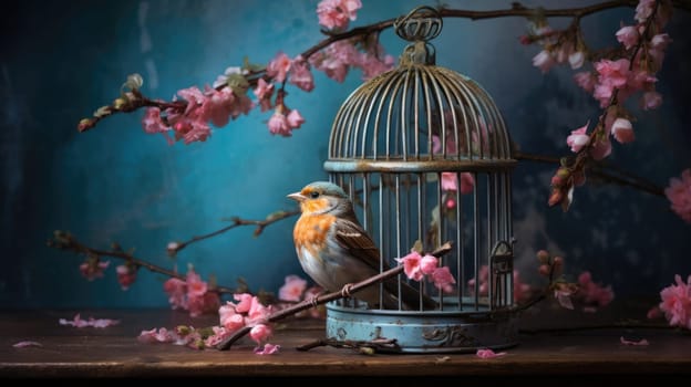 Bird in cage on the apple blossom tree on blurred background. Celebration of the onset of Spring AI