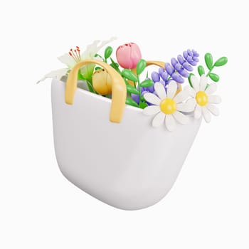 3d bag with spring flowers. Colorful spring bouquet. Floral arrangement garland. icon isolated on white background. 3d rendering illustration. Clipping path.