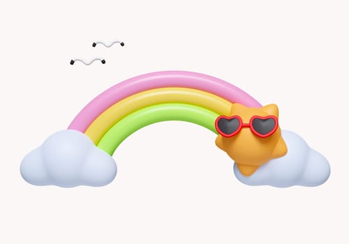 3d Summer vacation , sun, rainbow, cloud. Tropic beach objects, summer vacation and holidays concept. icon isolated on white background. 3d rendering illustration. Clipping path.