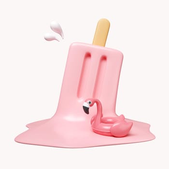 3d popsicle melt with Pink Flamingo float for summer vacation and holidays concept. icon isolated on white background. 3d rendering illustration. Clipping path..