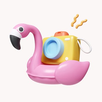 3d Pink Flamingo float and camera. summer vacation and holidays concept. icon isolated on white background. 3d rendering illustration. Clipping path..
