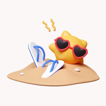 3d sun wearing sunglasses on sand with sandals. summer vacation and holidays concept. icon isolated on white background. 3d rendering illustration. Clipping path..