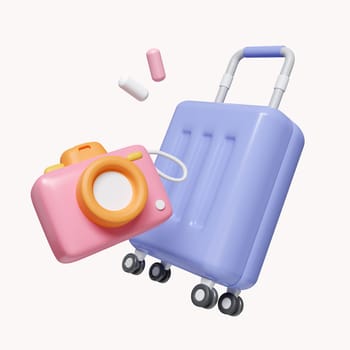 3d Time to travel. luggage and camera icon. time to travel. summer vacation and holidays concept. icon isolated on white background. 3d rendering illustration. Clipping path..