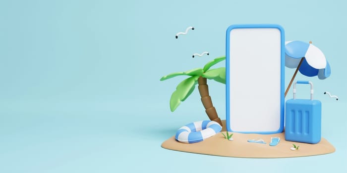 Summer vacation concept, Smartphone mockup with swim rings, coconut tree and beach accessories. Creative travel concept idea with copy space. illustration banner 3d rendering illustration.