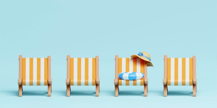 Orange chair on pastel blue background, minimal summer vacation concept. Creative travel concept idea. Summer minimal vacation concept. 3d rendering illustration..