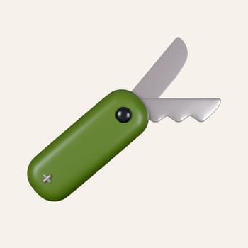3d folding knife. equipment. Summer camp and holiday vacation. icon isolated on white background. 3d rendering illustration. Clipping path..