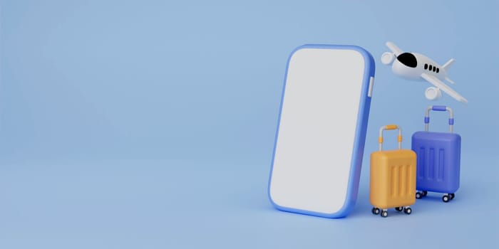 3d Suitcase and flight plane. travel online booking service on mobile. Tourism trip planning world tour, leisure touring holiday summer concept. banner, 3d render illustration.