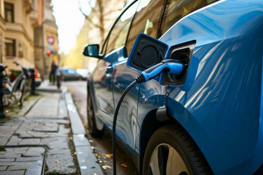 An electric car is being charged as it is connected to a charging station.