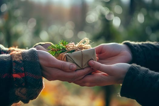 Two individuals with their hands outstretched, holding a neatly wrapped present between them.
