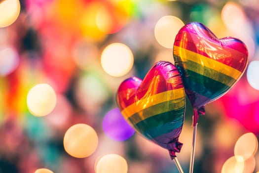 A couple of heart-shaped balloons are balanced on top of a stick, creating a playful and whimsical scene.