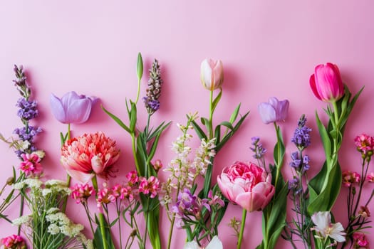 A bunch of vibrant flowers in various hues, neatly arranged on a soft pink backdrop.