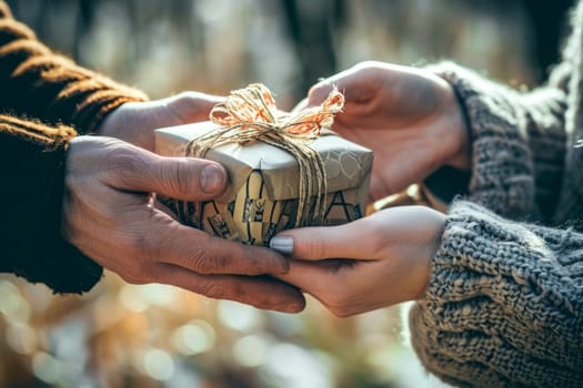 Two individuals hold a wrapped present in their hands, preparing to exchange it.