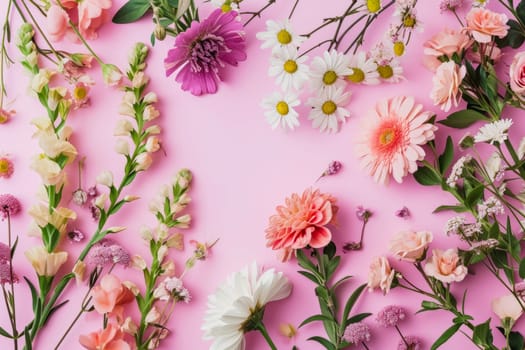 Colorful assortment of flowers arranged neatly on a vibrant pink surface.